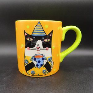 Sharon Bloom Hand Painted Cat drinking coffee Mug , Comical Cat Coffee Mug